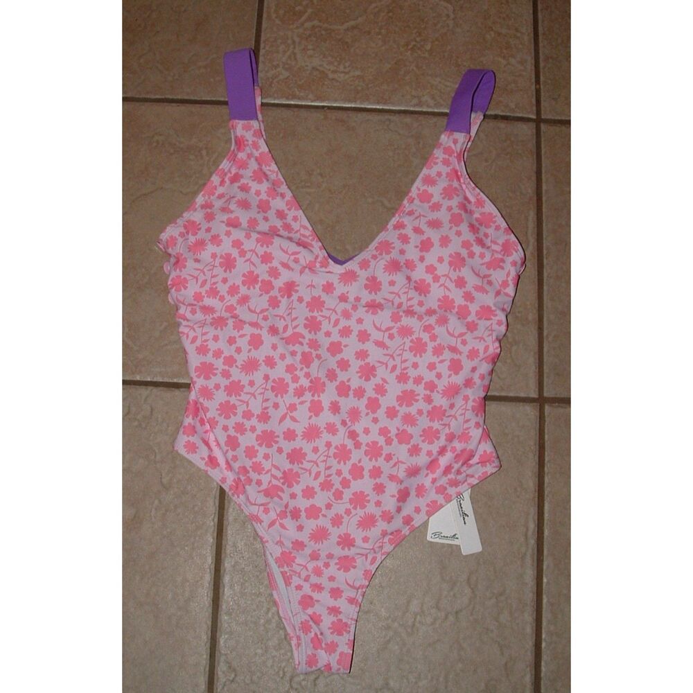 NEW Pink Floral Purple Straps Removable Pads Sz Large 1 Pc Swimsuit BRAZILIAN